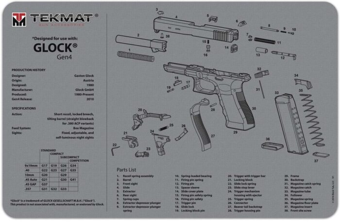 BECK TEK, LLC (TEKMAT) TEKR20GLOCKG4GY Glock Ultra Premium 15"x20"x.25"