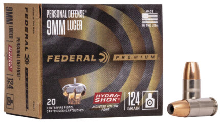 Federal Premium 9 mm Luger 124 Grain Hydra-Shok Jacketed Hollow Point Brass Casing Centerfire Pistol Ammunition