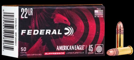 Federal Premium American Eagle Rimfire Suppressor .22 Long Rifle 45 Grain Copper Plated Round Nose Rimfire Ammunition