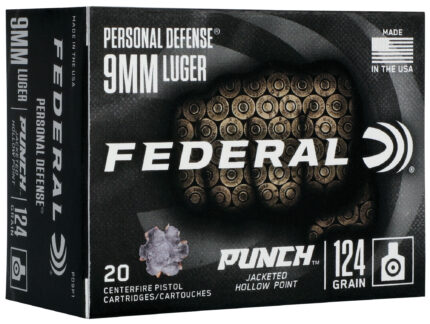 Federal Premium Personal Defense 9mm Luger 124 Grain Jacketed Hollow Point Brass Cased Centerfire Pistol Ammunition