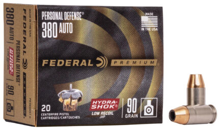 Federal Premium Personal Defense Hydra-Shok Low Recoil 380 Auto 90 Grain Jacketed Hollow Point Centerfire Pistol Ammunition