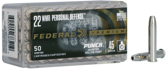 Federal Premium Personal Defense Punch Rimfire .22 WMR 45 Grain Jacketed Hollow Point Nickel-Plated Brass Cased Ammunition