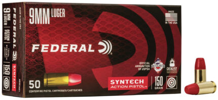 Federal Premium Syntech Action Pistol 9mm Luger 150 Grain Syntech Jacket Flat Nose Brass Cased Centerfire Pistol Ammunition