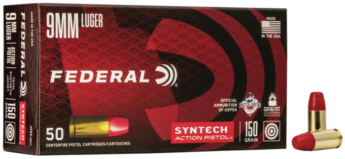 Federal Premium Syntech Action Pistol 9mm Luger 150 Grain Syntech Jacket Flat Nose Brass Cased Centerfire Pistol Ammunition