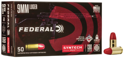 Federal Premium Syntech PCC 9mm Luger 130 Grain Syntech Jacket Flat Nose Brass Cased Centerfire Pistol Ammunition