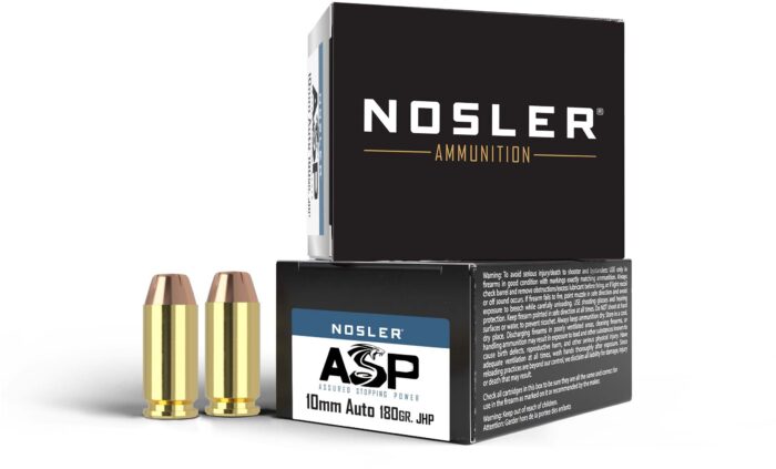 Nosler ASP 10mm 180 Grain Jacketed Hollow Point Brass Cased Cased Pistol Ammunition