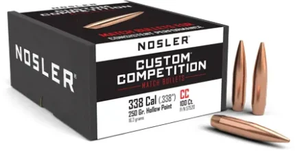 Nosler Custom Competition Rifle Bullets, 338 Caliber, 250 Grain, Hollow Point Boat Tail