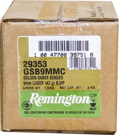 Remington Premier Golden Saber 9mm Luger 147 Grain Bonded Brass Jacketed Hollow Point Nickel-Plated Brass Cased Pistol Ammunition