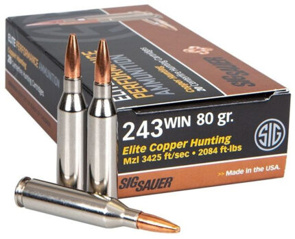 SIG SAUER Elite Copper Hunting Rifle Ammunition .243 Winchester 80 grain Hunting Tipped Brass Cased Centerfire Rifle Ammunition