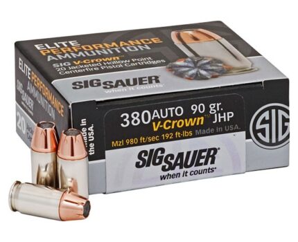 SIG SAUER Elite V-Crown .380 ACP 90 Grain Jacketed Hollow Point Brass Cased Centerfire Pistol Ammunition