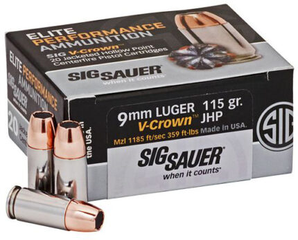 SIG SAUER Elite V-Crown 9mm Luger 115 Grain Jacketed Hollow Point Brass Cased Centerfire Pistol Ammunition