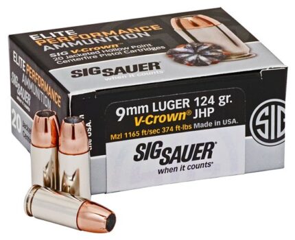 SIG SAUER Elite V-Crown 9mm Luger 124 Grain Jacketed Hollow Point Brass-Cased Centerfire Pistol Ammunition