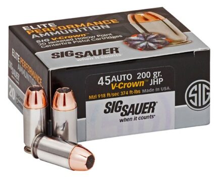 SIG SAUER V-Crown .45 ACP 200 Grain Jacketed Hollow Point (JHP) Brass Cased Centerfire Pistol Ammunition