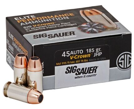SIG SAUER V-Crown Ammo .45 ACP 185 grain Jacketed Hollow Point Brass Cased Centerfire Pistol Ammunition