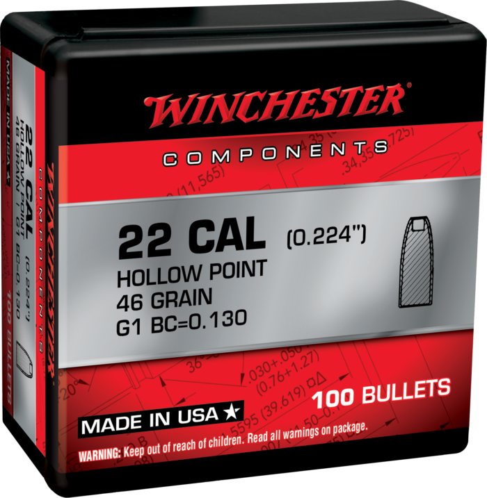 Winchester Ammo Reloading 22 Cal .224 46 Gr Hollow Point (HP) 100 Per Box WBR222PSP50
