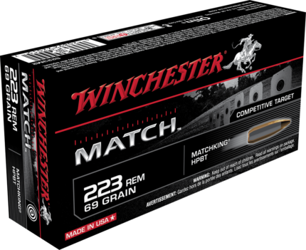 Winchester Competition Match .223 Remington 69 Grain Boat Tail Hollow Point Brass Cased Centerfire Rifle Ammunition