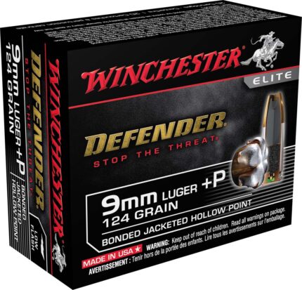 Winchester Defender Handgun 9 mm Luger +P 124 grain Bonded Jacketed Hollow Point Brass Cased Centerfire Pistol Ammunition
