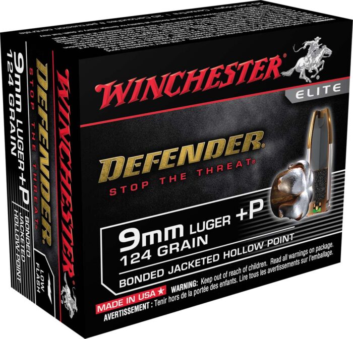 Winchester Defender Handgun 9 mm Luger +P 124 grain Bonded Jacketed Hollow Point Brass Cased Centerfire Pistol Ammunition