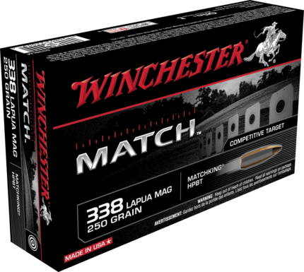 Winchester Match .338 Lapua Magnum 250 grain Boat Tail Hollow Point Centerfire Rifle Ammunition