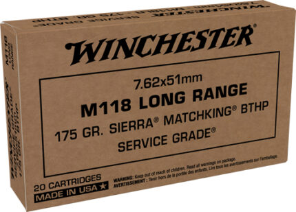 Winchester Service Grade 7.62x51mm NATO 175 Grain Long Range Sierra MatchKing Boat Tail Hollow Point Brass Centerfire Rifle Ammunition