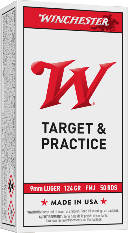 Winchester USA Handgun 9 mm Luger 124 grain Full Metal Jacket (FMJ) Brass Casing Centerfire Pistol Ammunition