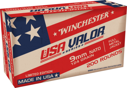 Winchester USA VALOR 9 mm NATO 124 grain Full Metal Jacket (FMJ) Brass Centerfire Pistol Ammunition